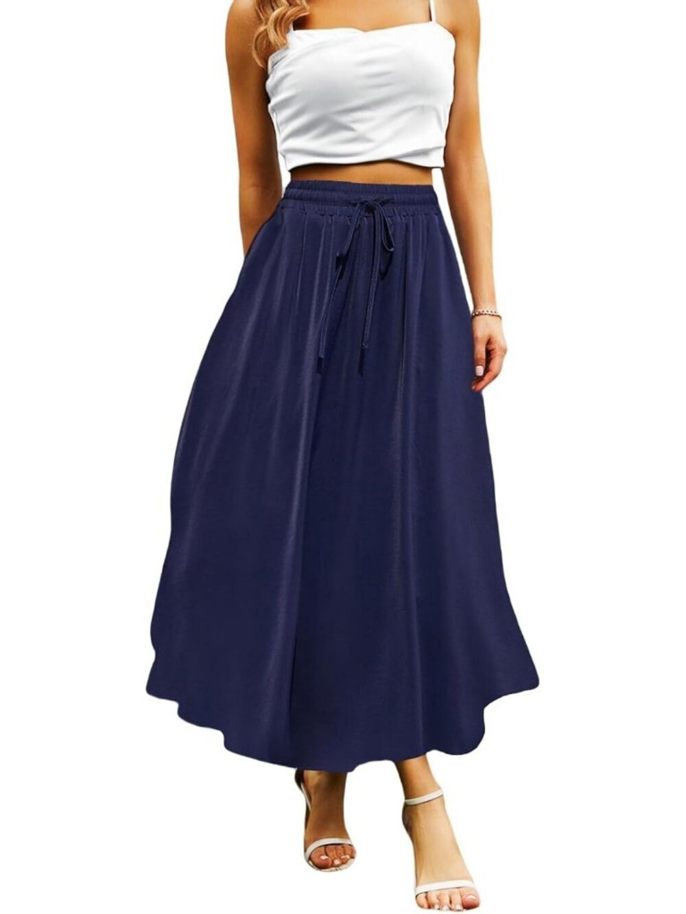 Women Navy Blue Boho High Waisted Flowy Elastic Waist Pocket Pull On Midi Skirt